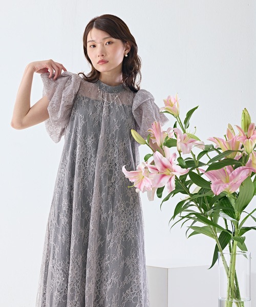 Kana パーティードレス ドレス 総レースラッフルスリーブAライン