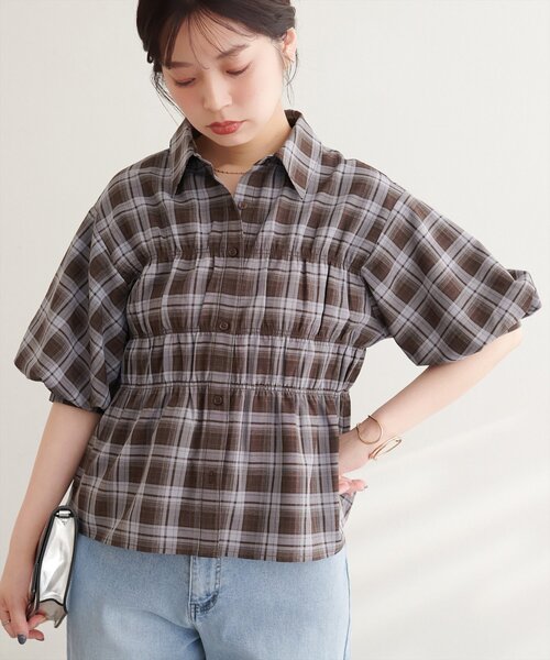 ◼️クリーニング済み◼️akiki アキキ／有松／半袖ブラウス／パフスリーブブラウス natural couture ブラウス シャツ 半袖 TCブロードシャーリング