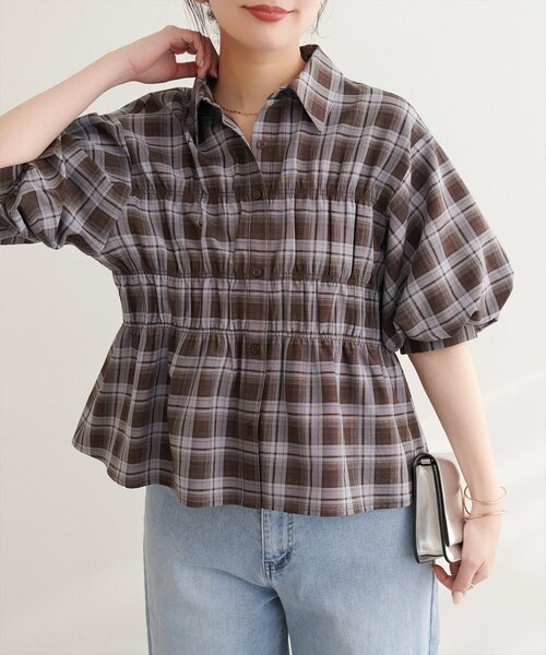 ◼️クリーニング済み◼️akiki アキキ／有松／半袖ブラウス／パフスリーブブラウス natural couture ブラウス シャツ 半袖 TCブロードシャーリング