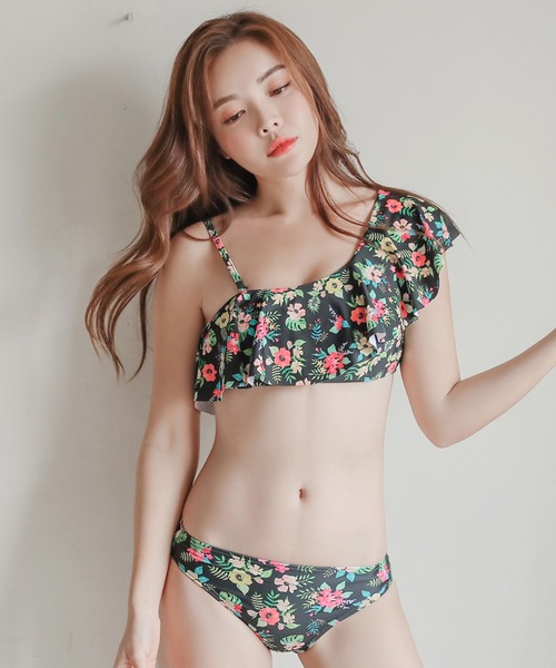 tekura様◎ peony ワンショルダースイムウェア　花柄　水着 Lace Ladies 水着 ワンショルダー花柄ビキニ 水着2点セット