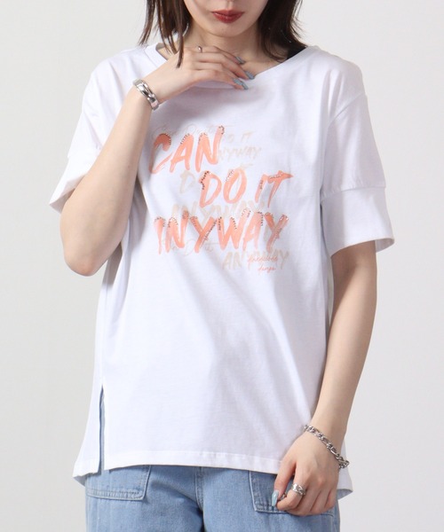 tシャツ サイドスリットプリントTシャツ レディース