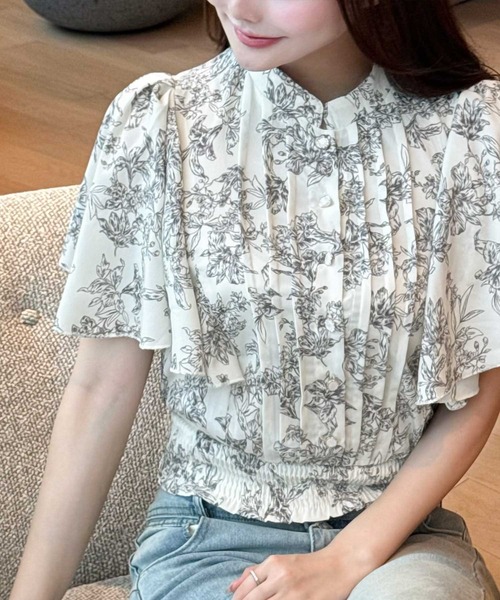 ブラウス シャツ 花柄ピンタックフレアスリーブブラウス レディース 楽天市場】【mily bilet】 トップス ブラウス オフィス 半袖