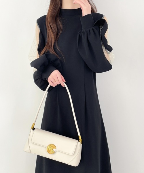 ECLIN ワンピース バックリボン袖ボリュームチュールドット