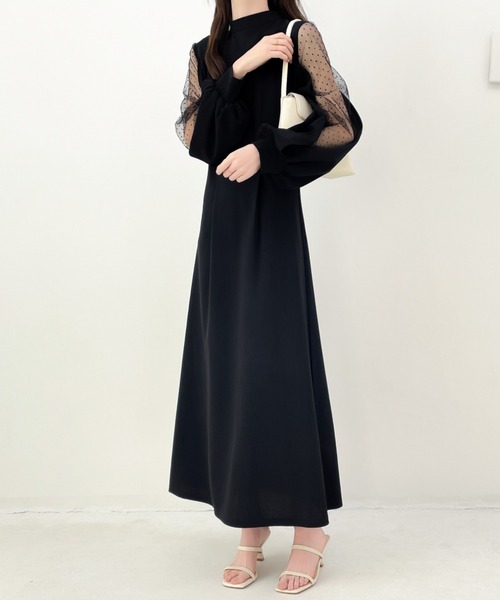 ECLIN ワンピース バックリボン袖ボリュームチュールドット