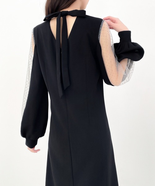 ECLIN ワンピース バックリボン袖ボリュームチュールドット