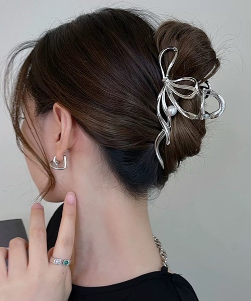 ampm（エーエムピーエム） ヘアクリップ パール付きリボンヘアバンス