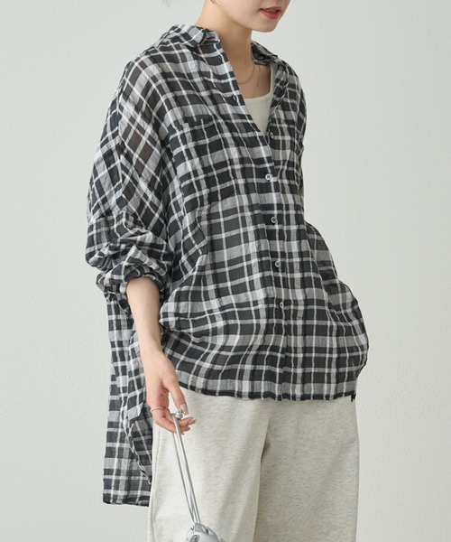 pual ce cin ブラウス シャツ 綿麻チェックオーバーシャツ