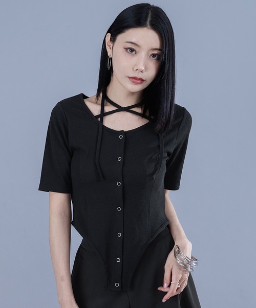 tシャツ 2wayコードネックリブT レディース