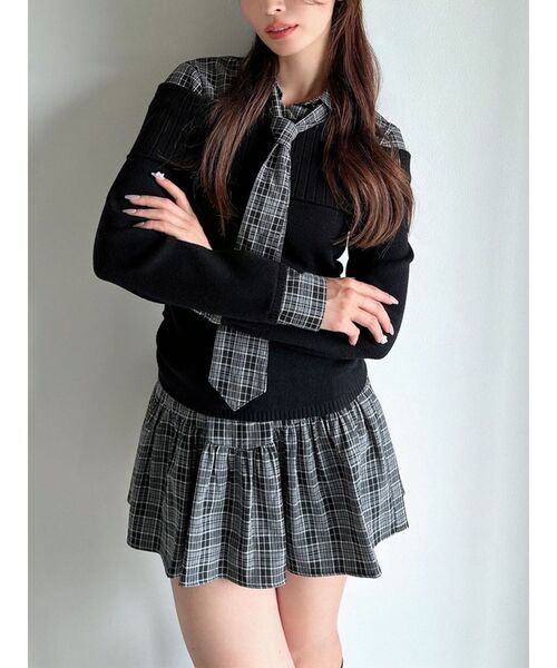 RESEXXY シャツレイヤードニットトップス チェックミニフレアスカート RESEXXY（リゼクシー） ニット セーター シャツレイヤードニット