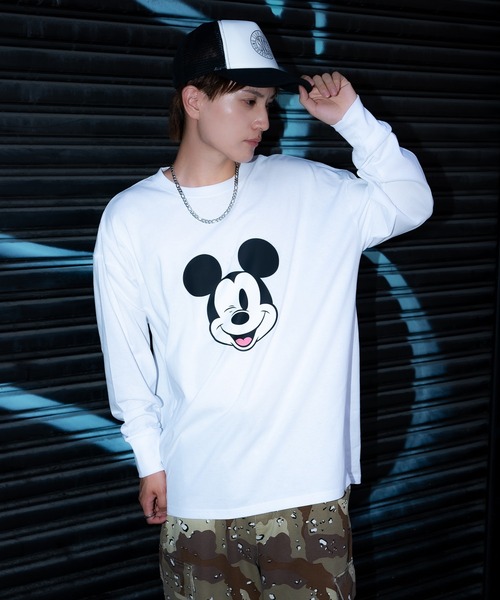 WCJ♡ MICKEY MOUSE 長袖Tシャツ ホワイト MICKEY MOUSE（ミッキーマウス） tシャツ オーバーサイズ 長袖Tシャツ