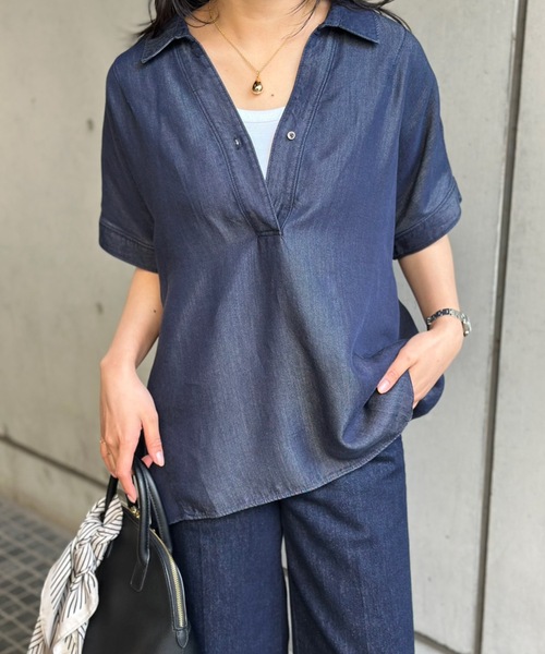 ブラウス シャツ デニムバックコクーンスキッパーシャツ レディースの画像