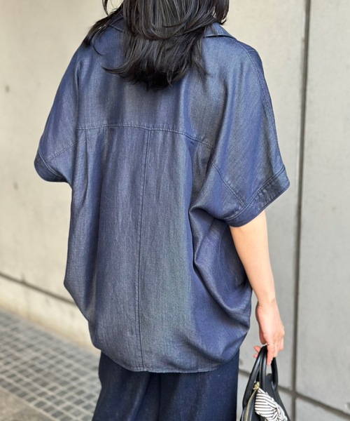 ブラウス シャツ デニムバックコクーンスキッパーシャツ レディースの画像