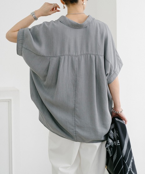 ブラウス シャツ デニムバックコクーンスキッパーシャツ レディースの画像