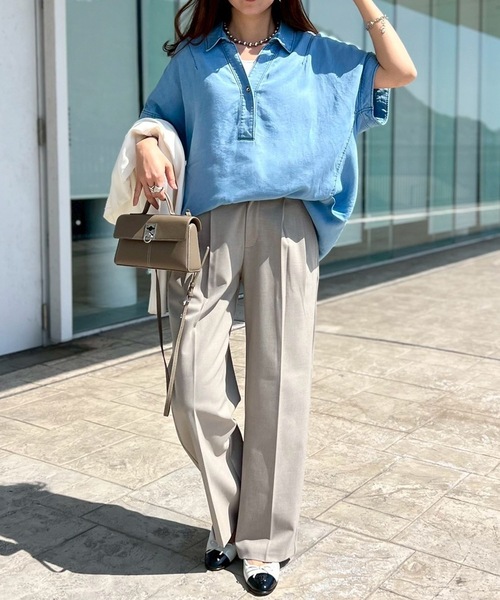 ブラウス シャツ デニムバックコクーンスキッパーシャツ レディースの画像