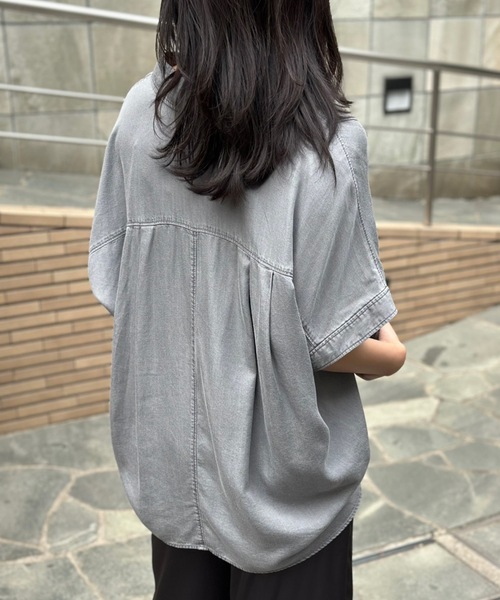 ブラウス シャツ デニムバックコクーンスキッパーシャツ レディースの画像