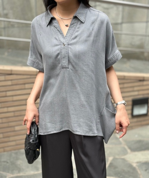 ブラウス シャツ デニムバックコクーンスキッパーシャツ レディースの画像