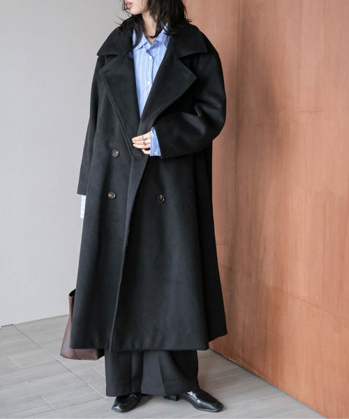 LANVIN Paris シャギーウール ダブルスタンドカラーコート ブラック