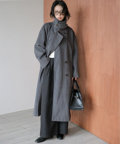 P384 美品 M ラジョコンダ ロングコート ブラック グレー レディース Miss Arrivo コート アウター 3wayスタンドカラーロングコート
