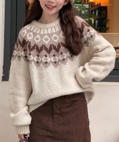 DIAVEL ニット セーター 「秋冬新作」ノルディック柄ふんわりニット