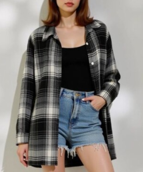 「cammie」 長袖シャツ LARGE ホワイト×ブラック レディース_画像4