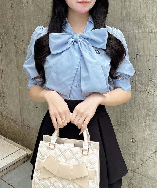 INGNI（イング） ブラウス シャツ 半袖 胸刺繍ボウタイ半袖ブラウス