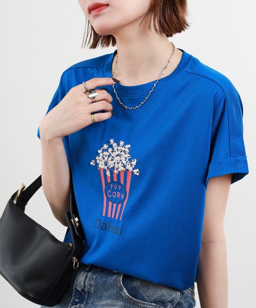 Stissy ポップコーン半袖Tシャツ ホワイ ト tシャツ 半袖 BRODIAEA パール付きポップコーンイラスト半袖Tシャツ