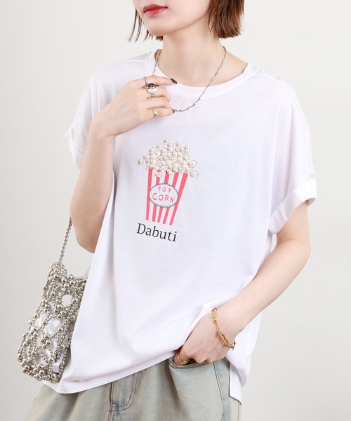 Stissy ポップコーン半袖Tシャツ ホワイ ト tシャツ 半袖 BRODIAEA パール付きポップコーンイラスト半袖Tシャツ