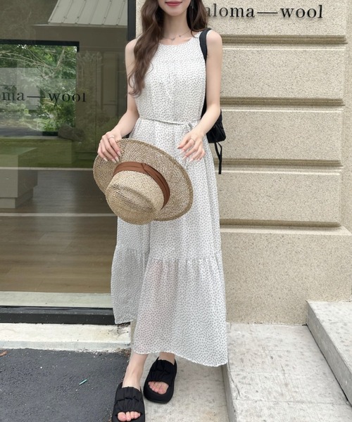 Ada. ワンピース 小花柄 ティアード ノースリーブ ロング ワンピース 