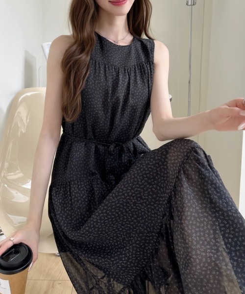 Ada. ワンピース 小花柄 ティアード ノースリーブ ロング ワンピース 