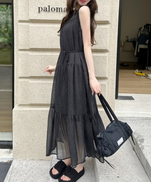 Ada. ワンピース 小花柄 ティアード ノースリーブ ロング ワンピース