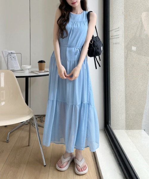 Ada. ワンピース 小花柄 ティアード ノースリーブ ロング ワンピース