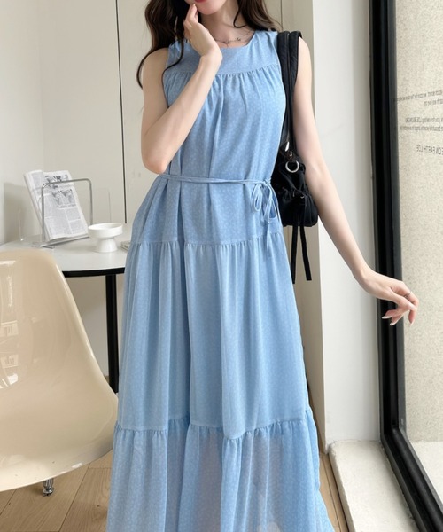 Ada. ワンピース 小花柄 ティアード ノースリーブ ロング ワンピース
