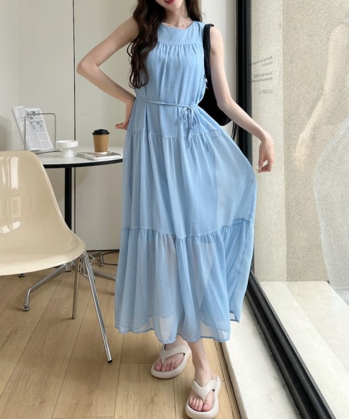 Ada. ワンピース 小花柄 ティアード ノースリーブ ロング ワンピース