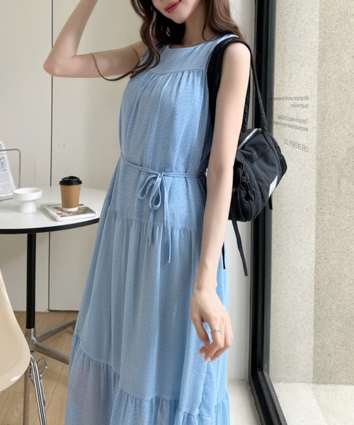 Ada. ワンピース 小花柄 ティアード ノースリーブ ロング ワンピース