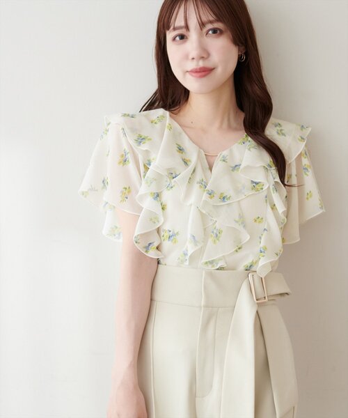 natural couture ブラウス シャツ 半袖 フロントバー付きフリル