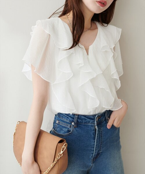 natural couture ブラウス シャツ 半袖 フロントバー付きフリル