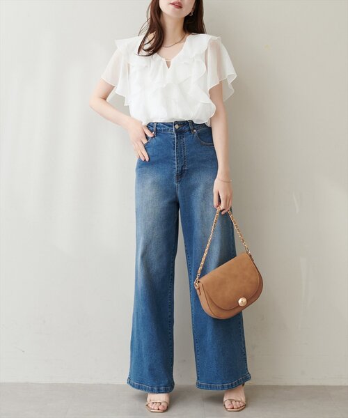 natural couture ブラウス シャツ 半袖 フロントバー付きフリル