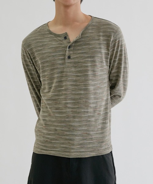 ヘンリーネック tシャツ Assorted border long sleeve henly tee
