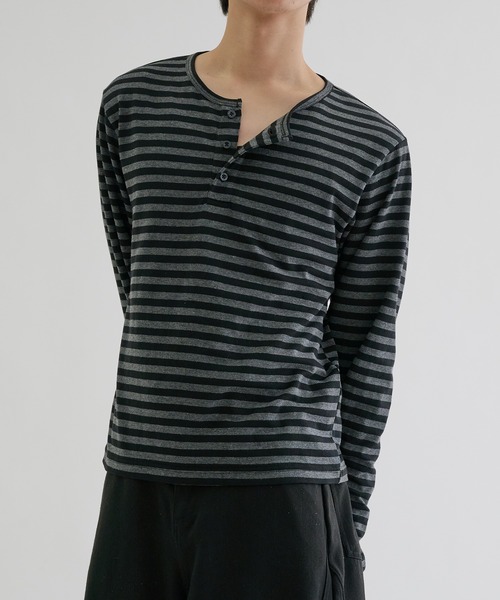 ヘンリーネック tシャツ Assorted border long sleeve henly tee