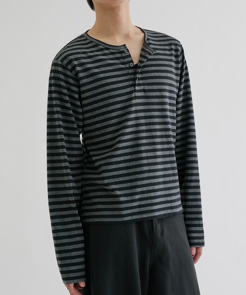 ヘンリーネック tシャツ Assorted border long sleeve henly tee
