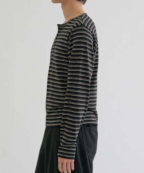 ヘンリーネック tシャツ Assorted border long sleeve henly tee