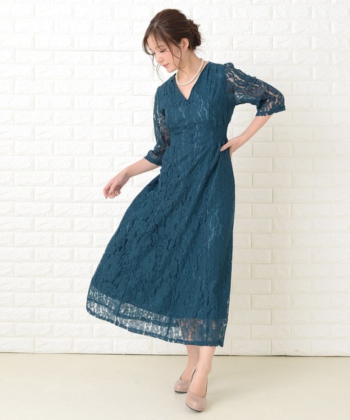 Lace Ladies（レースレディース） ドレス 襟元スッキリ 総レース七分袖