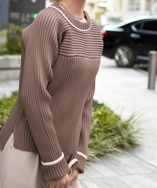 ニット セーター 配色パイピングリブニットトップス レディース