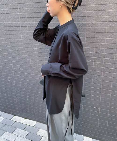 マルチサイズ ブラウス シャツ サイドリボンノーカラーシャツ レディース セール】サイドリボンノーカラーシャツ（シャツ/ブラウス