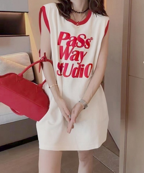 ワンピース ロゴプリントノースリーブTシャツミニワンピース
