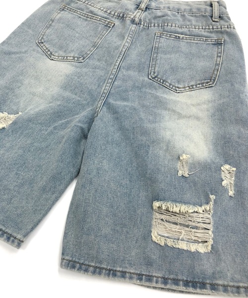 ダメージ ハーフパンツ ルーズ 切替 七分丈 迷彩 デニム hr9666 ダメージ ハーフパンツ ルーズ 切替 七分丈 迷彩 デニム hr9666