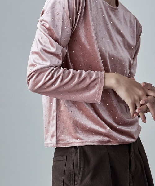 etoll.（エトル） tシャツ ラインストーンベロアトップス レディース