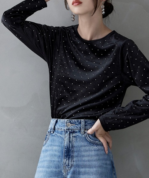 トップス Stone  etoll.（エトル） tシャツ ラインストーンベロアトップス レディース