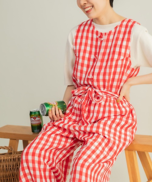美品 CHILDWOMAN チェック コードギンガムワッシャーサロペット CHILD WOMAN サロペット オーバーオール リネン/キュプラ コード