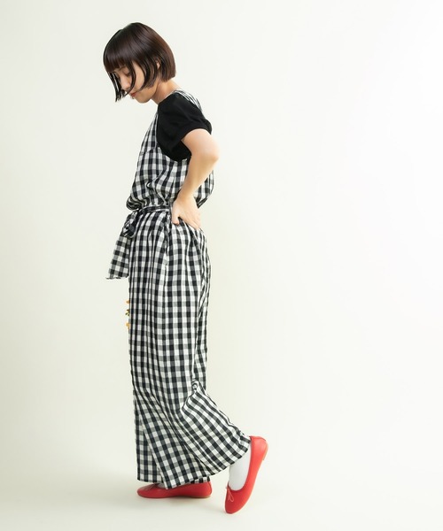美品 CHILDWOMAN チェック コードギンガムワッシャーサロペット CHILD WOMAN サロペット オーバーオール リネン/キュプラ コード